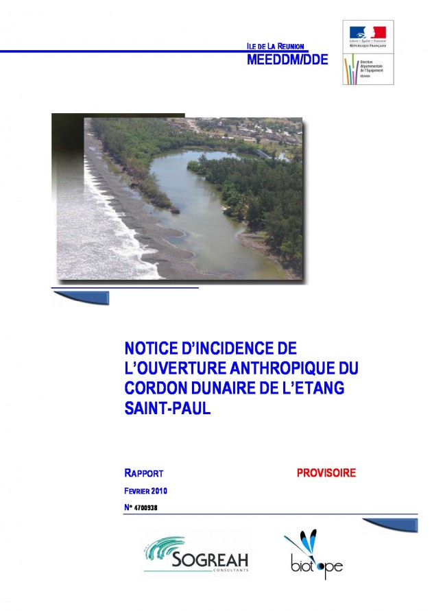 Notice d’incidence de l’ouverture anthropique du Cordon Dunaire de l’Étang Saint-Paul - Rapport provisoire