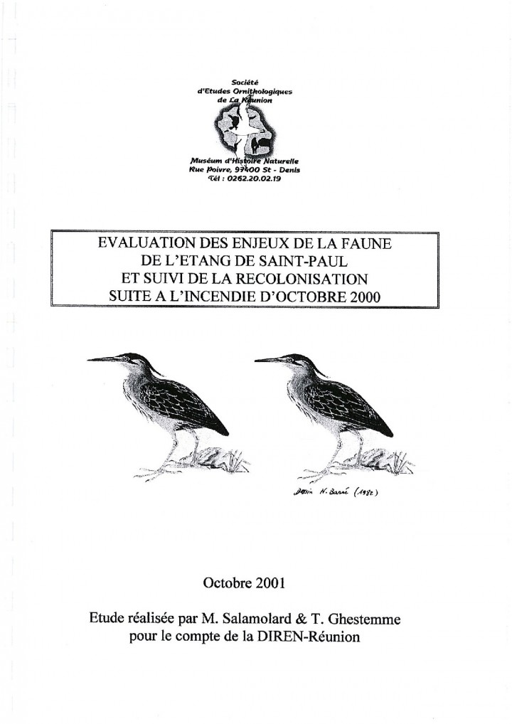 Évaluation des enjeux de la faune de l’Étang de Saint-Paul et suivi de la recolonisation suite à l’incendie d’octobre 2000
