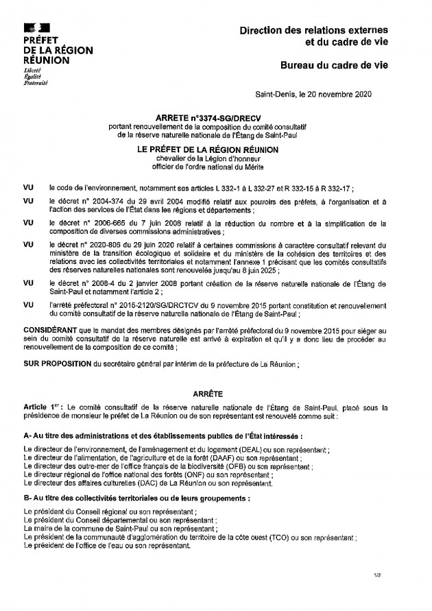 Arrêté n°3374-SG/DRECV du 20 novembre 2020 portant renouvellement de la composition du comité consultatif de la réserve naturelle nationale de l'étang de Saint-Paul 