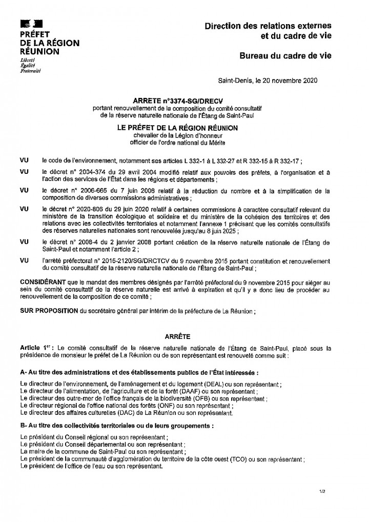 Arrêté n°3374-SG/DRECV du 20 novembre 2020 portant renouvellement de la composition du comité consultatif de la réserve naturelle nationale de l'étang de Saint-Paul 