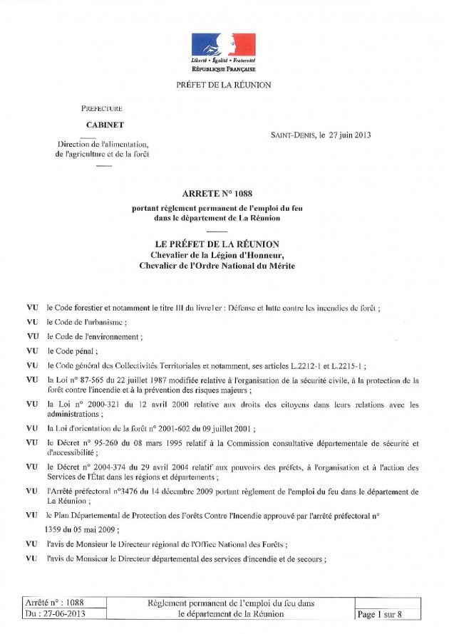 Arrêté n° 1088 portant règlement permanent de l’emploi du feu dans le département de La Réunion.