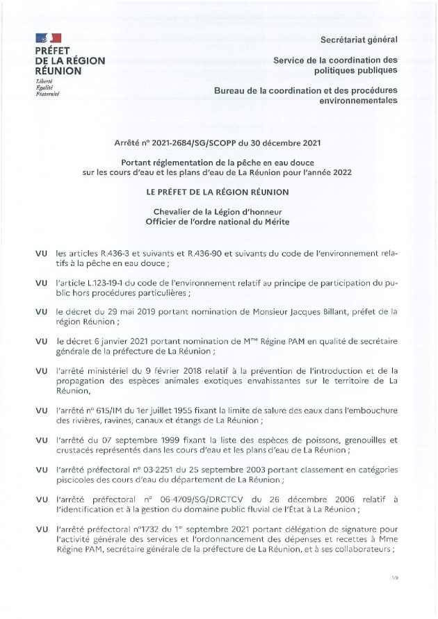 01 - Arrêté préfectoral de pêche sur les cours d'eau de La Réunion 2022