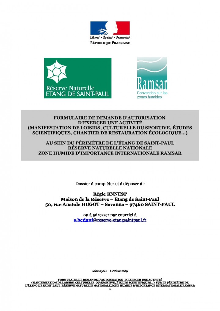 Formulaire de demande d’autorisation d’exercer une activité (format pdf - Octobre 2019) sur site Etang de Saint-Paul - RNN et Zone Humide d'importance internationale Ramsar.