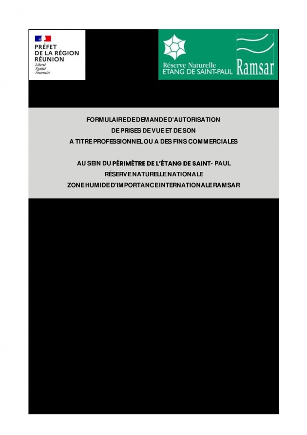 Formulaire de demande d’autorisation de de prise de vue (format pdf - Juin 2023) sur le site Etang de Saint-Paul - RNN et Zone Humide d'importance internationale Ramsar.
