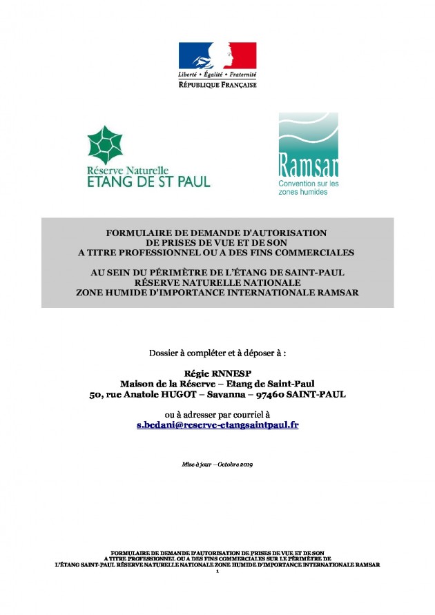 Formulaire de demande d’autorisation de de prise de vue (format pdf - Octobre 2019) sur le site Etang de Saint-Paul - RNN et Zone Humide d'importance internationale Ramsar.