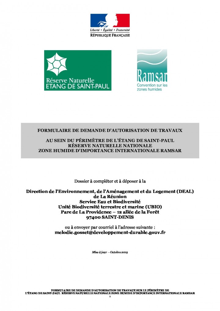 Formulaire de demande d’autorisation de travaux (format pdf - Octobre 2019) modifiant l’état ou l’aspect du site Etang de Saint-Paul - RNN et Zone Humide d'importance internationale Ramsar.