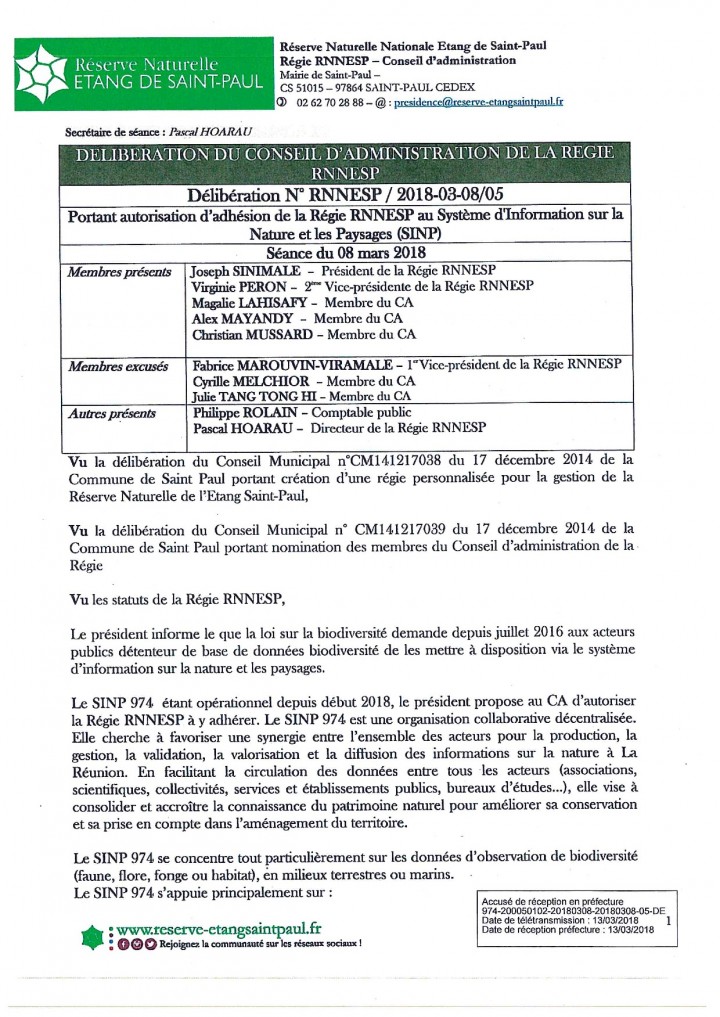 DÉLIBÉRATION N° RNNESP/2018-03-18/05 - Adhésion au SINP