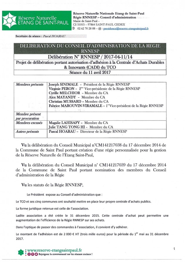 Délibération N° RNNESP/2017-04-11/14 - Projet de délibération portant autorisation d’adhésion à la Centrale d’Achats Durables & Innovants (CADI) du TCO