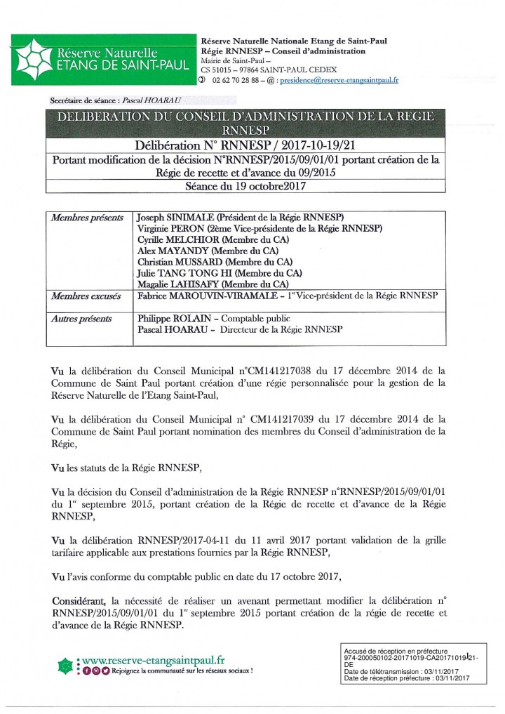 DÉLIBÉRATION N° RNNESP/2017-10-19/21 - PORTANT MODIFICATION DE LA REGIE DE RECETTE ET D'AVANCE