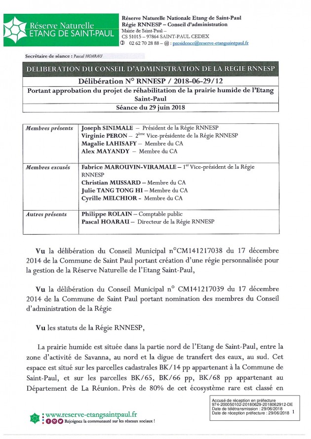 DELIBERATION RNNESP20180629-12 PORTANT APPROBATION DU PROJET DE REHABILITATION DE LA PRAIRIE HUMIDE DE L'ETANG SAINT-PAUL