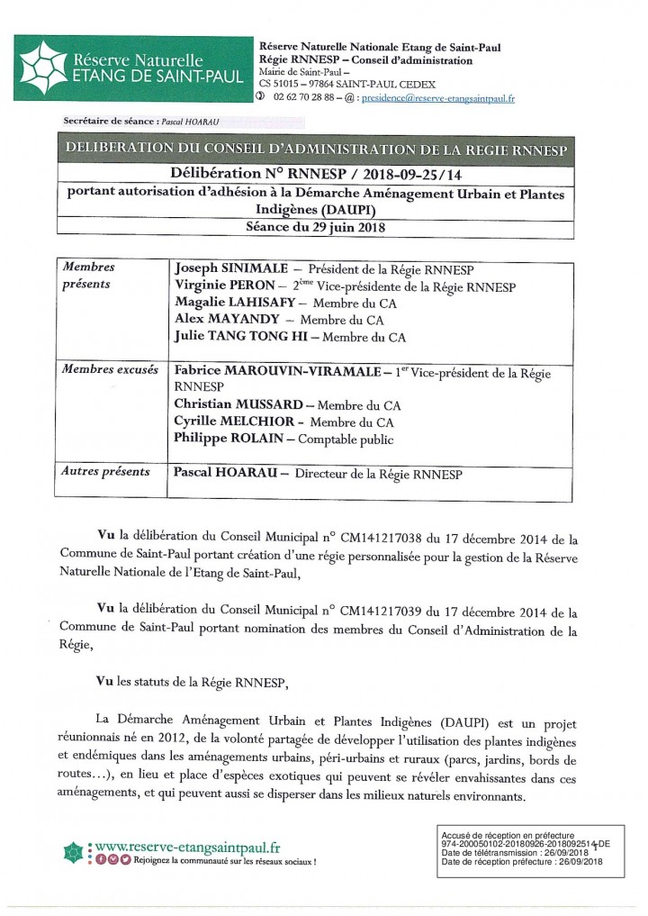 DELIBERATION RNNESP20180925-14 portant autorisation d’adhésion à la Démarche Aménagement Urbain et Plantes Indigènes (DAUPI)