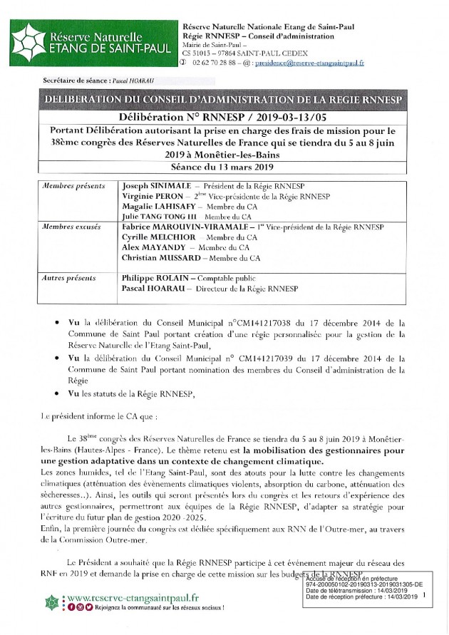 Délibération n°RNNESP20190225-05 portant sur l'autorisation des frais de mission pour le congrès RNF 2019