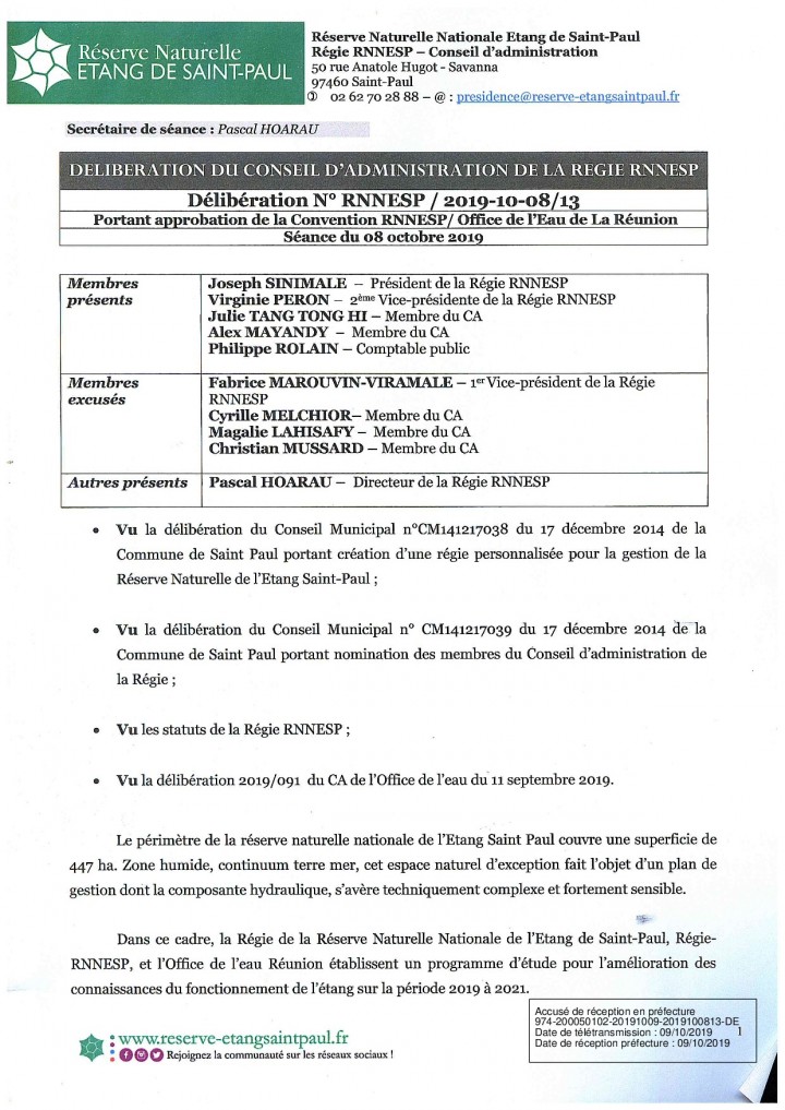 Délibération n°RNNESP20191008-13 portant sur l'approbation de la  convention entre la Régie RNNESP et l'Office de l'eau de La Reunion