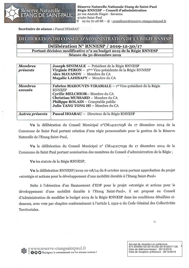 Délibération n°RNNESP20191230-17 portant sur la décision modificative n°2 au budget 2019 de la Regie RNNESP