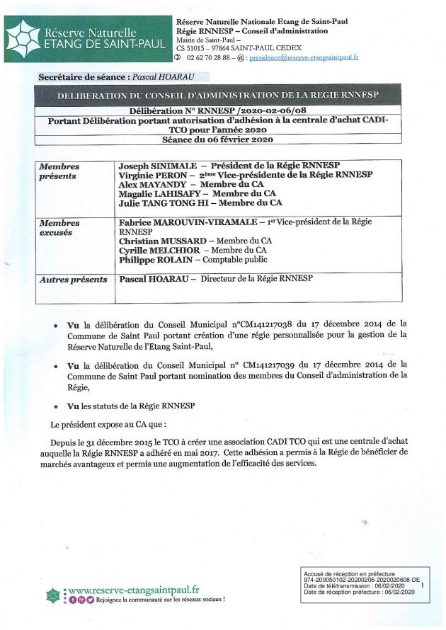 Délibération n°RNNESP20200206-08 portant sur l'autorisation d'adhésion à la centrale d'achat CADI du TCO pour l'année 2020