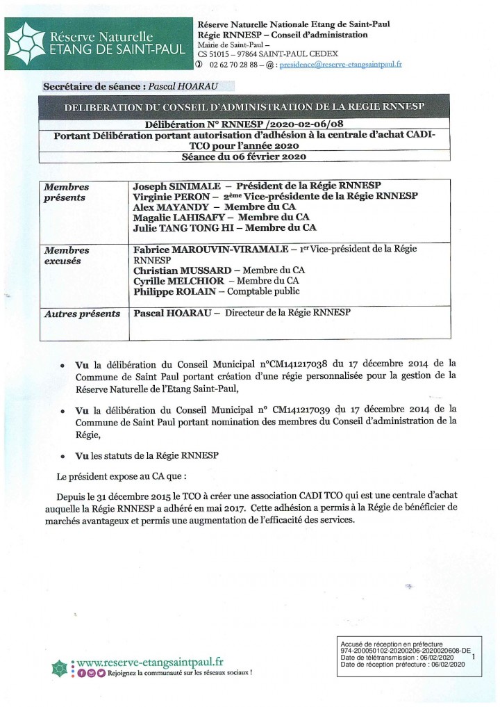 Délibération n°RNNESP20200206-08 portant sur l'autorisation d'adhésion à la centrale d'achat CADI du TCO pour l'année 2020
